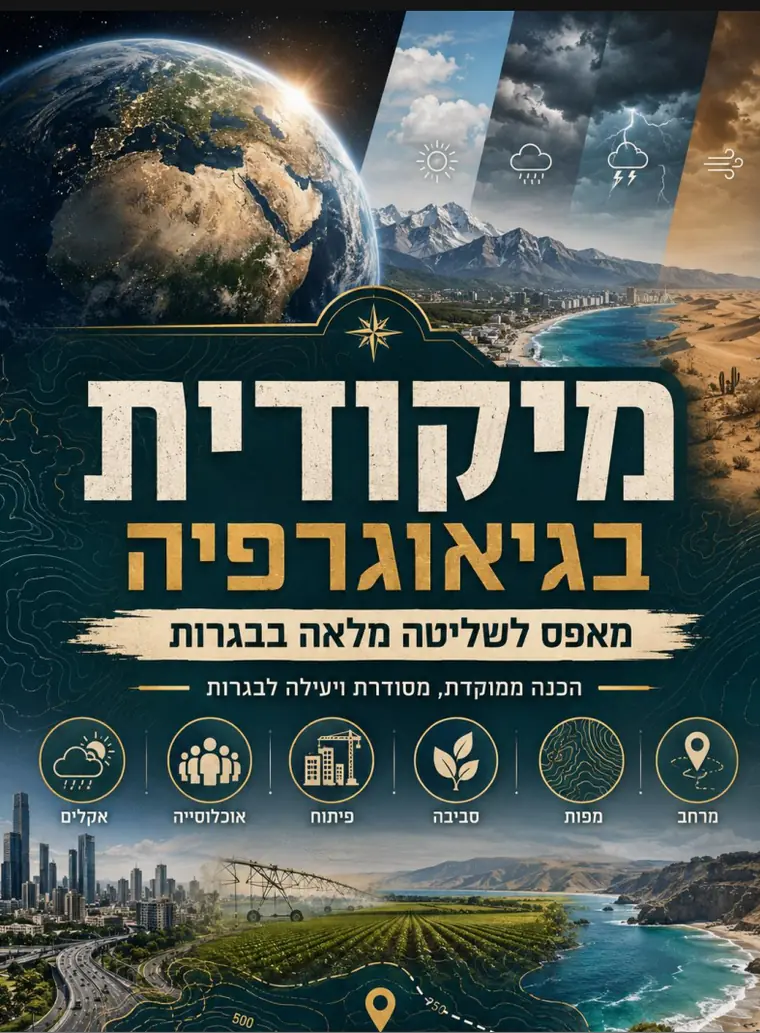 כריכת מיקודית בגאוגרפיה: כדור הארץ ורצועות של אקלימים שונים, ושישה עיגולי נושא — אקלים, אוכלוסייה, פיתוח, סביבה, מפות ומרחב.